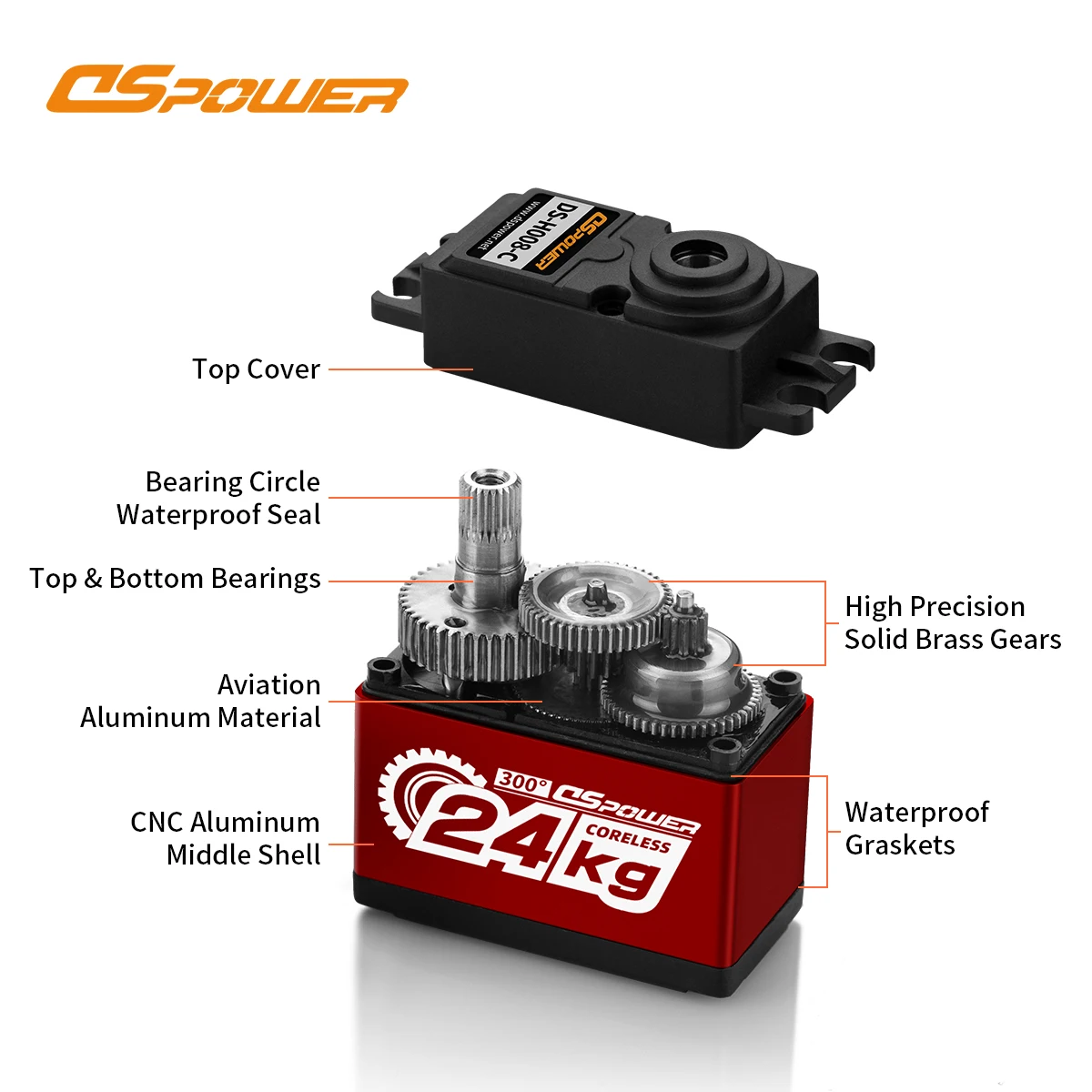 DSpower 24KG coreless Servo Metal Gear Waterproof Servos high speed large torque for 1/8 1/10 SCX10 D90 TRX  REDCAT RC Car 300°