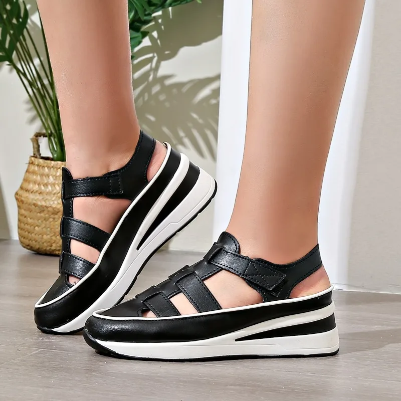 

Women's Baotou Sandals Anti-slip Wear-resistant Sponge Cake Base Sandalias De Mujer Outdoor Leisure Velcro Zapatillas De Mujer