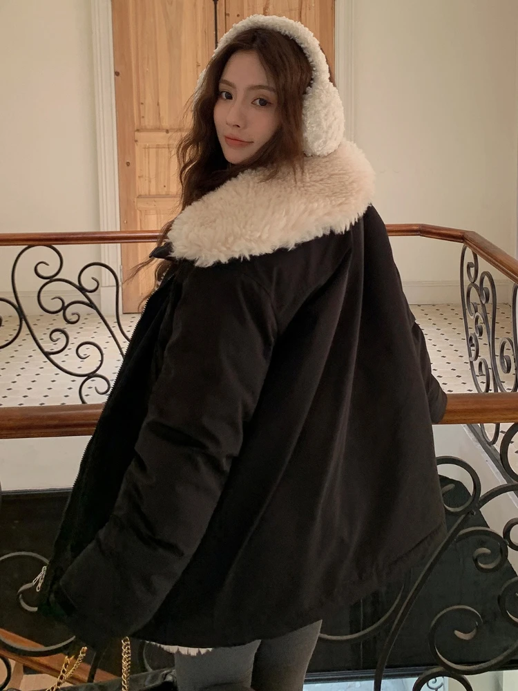 Vielleicht 2025 Army Green Lamb Wool Liner Cotton Padded Winter Jacket Women's Clothes Fashion Korean Style Puffer Jacket Coat