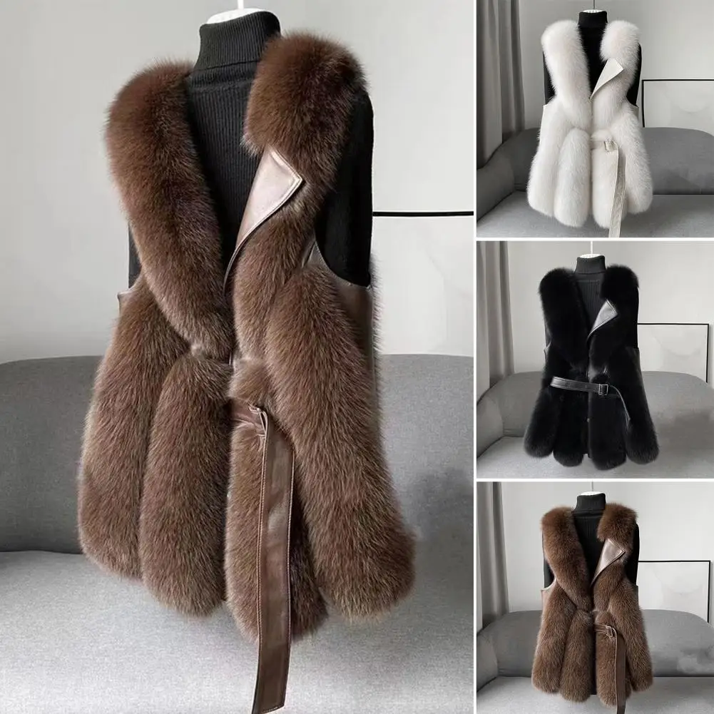 Women Winter Vest Fluffy Faux Fur Women\'s Winter Vest Coat with Button Closure Belt Decor Windproof Warm Waistcoat with Faux