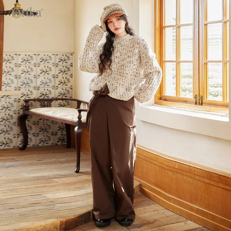 ARTKA 2023 Autumn New Women Pants Fashion Casual High Waist Tie Loose Trousers Straight Wide Leg Long Pants Female KA92232Q