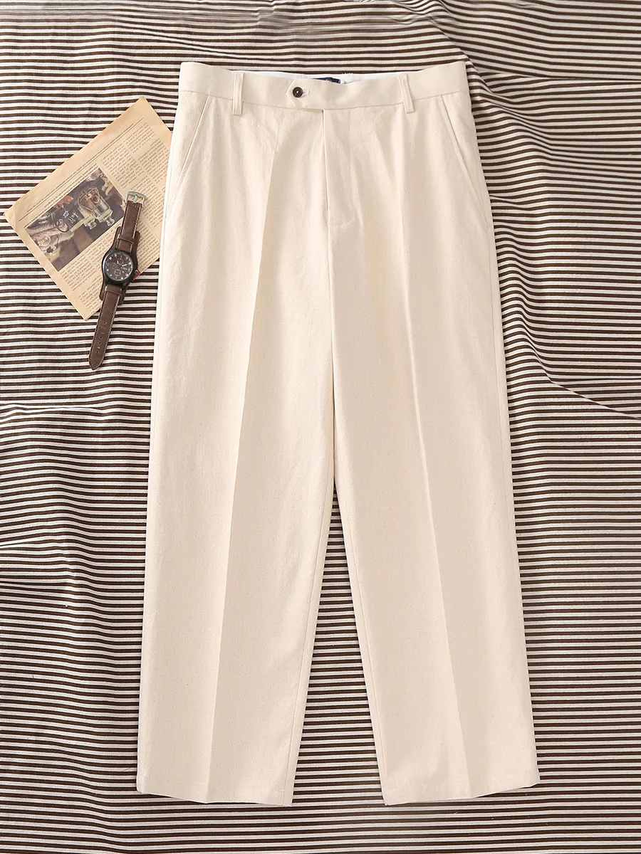 Cotton shell seed pure cotton men's beige loose retro wide leg pants without pleats European and American old money style