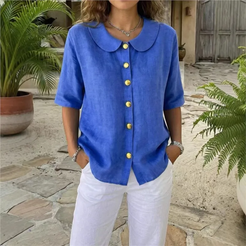 

Summer Casual Shirt Tops Women Short Sleeve Doll Collar Lapel Button Up Solid Color Loose Blouse Thin Simple Daily Cardigan Tops