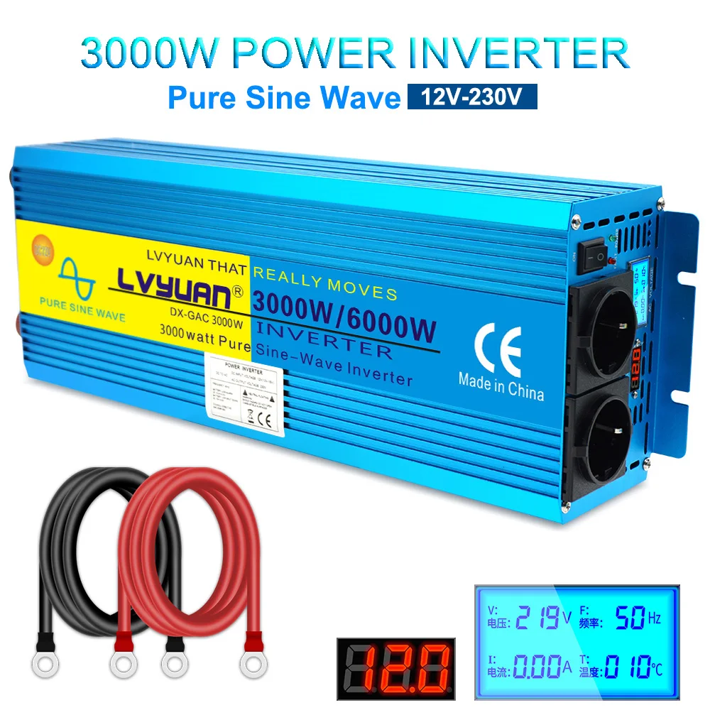 Pure Sine Wave Power Inverter DC 12V/24V TO AC 220V Adapter Converter 3000W-6000W 50Hz Voltage Transformer EU Socket Inverter