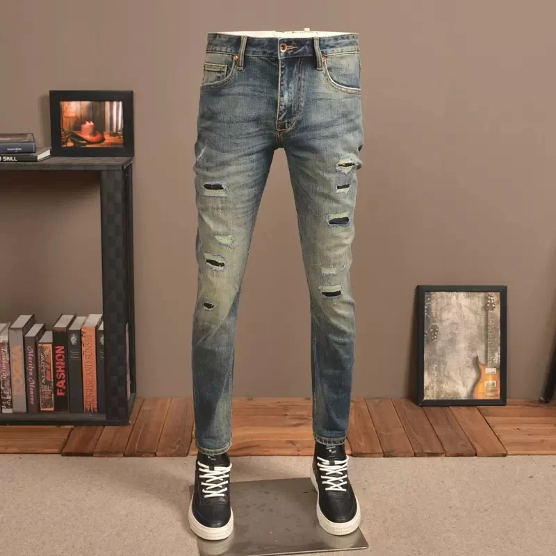 

Streetwear Fashion Men Jeans Retro Blue Elastic Slim Trousers Hole Ripped Jeans Men Patched Designer Vintage Denim Pants Hombre