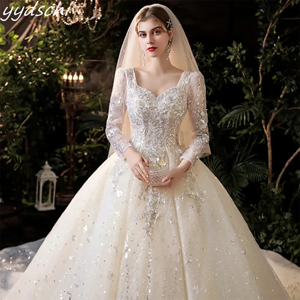 

Elegant Princess Shiny Lace Appliuqes Sweetheart Beaded Ball Gown Wedding Dresses 2024 Court Train Tulle Bridal Gowns For Women