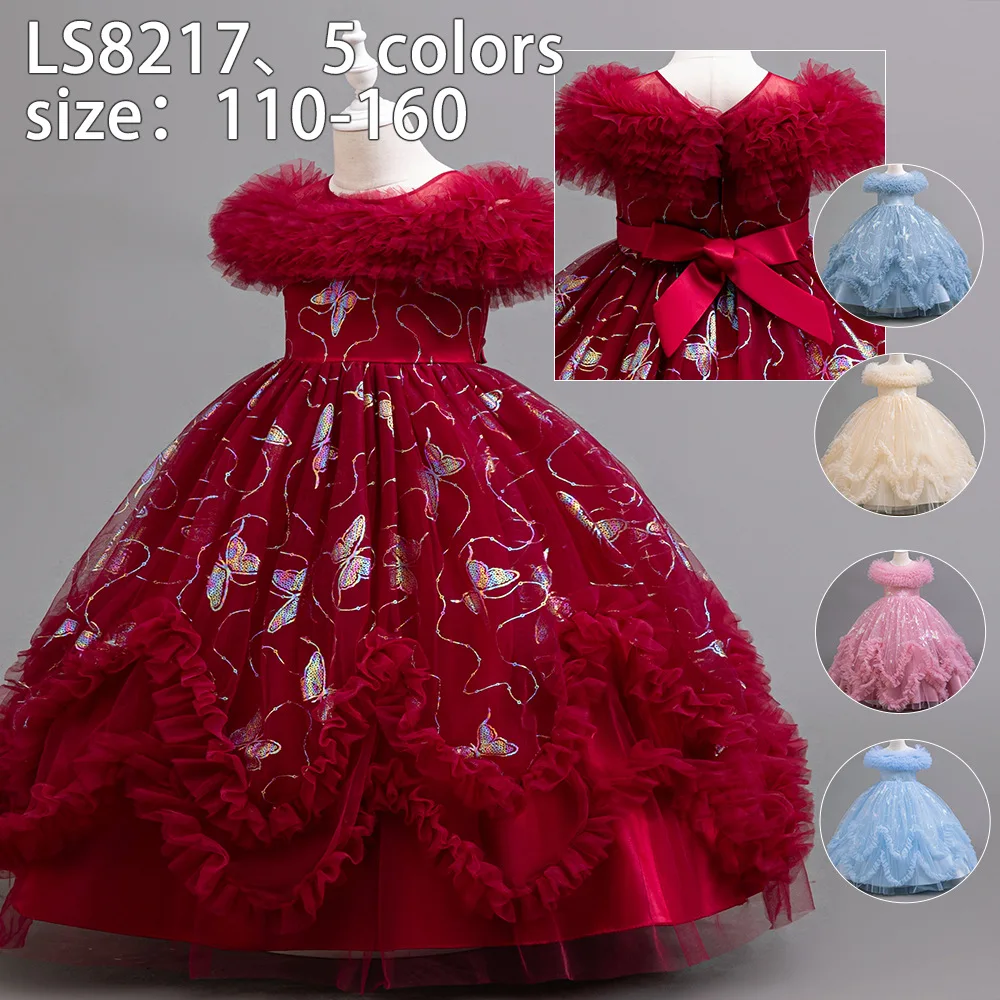 Girls' Dress Long Small Breeze Sleeve Fluffy Gauze Skirt Butterfly Printed Princess Skirt Baby Birthday Party Children's Skirt