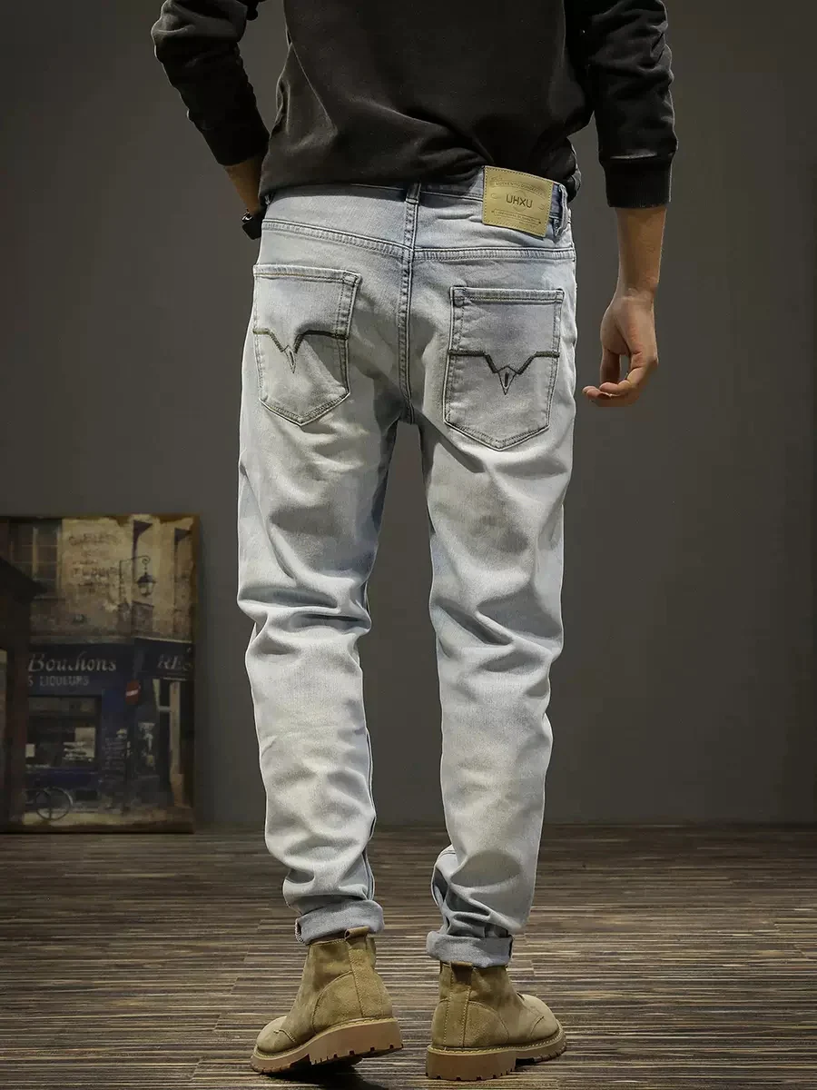 Korean Style Fashion Men Jeans Retro Light Blue High Quality Stretch Slim Ripped Jeans Men Vintage Designer Denim Pants Hombre