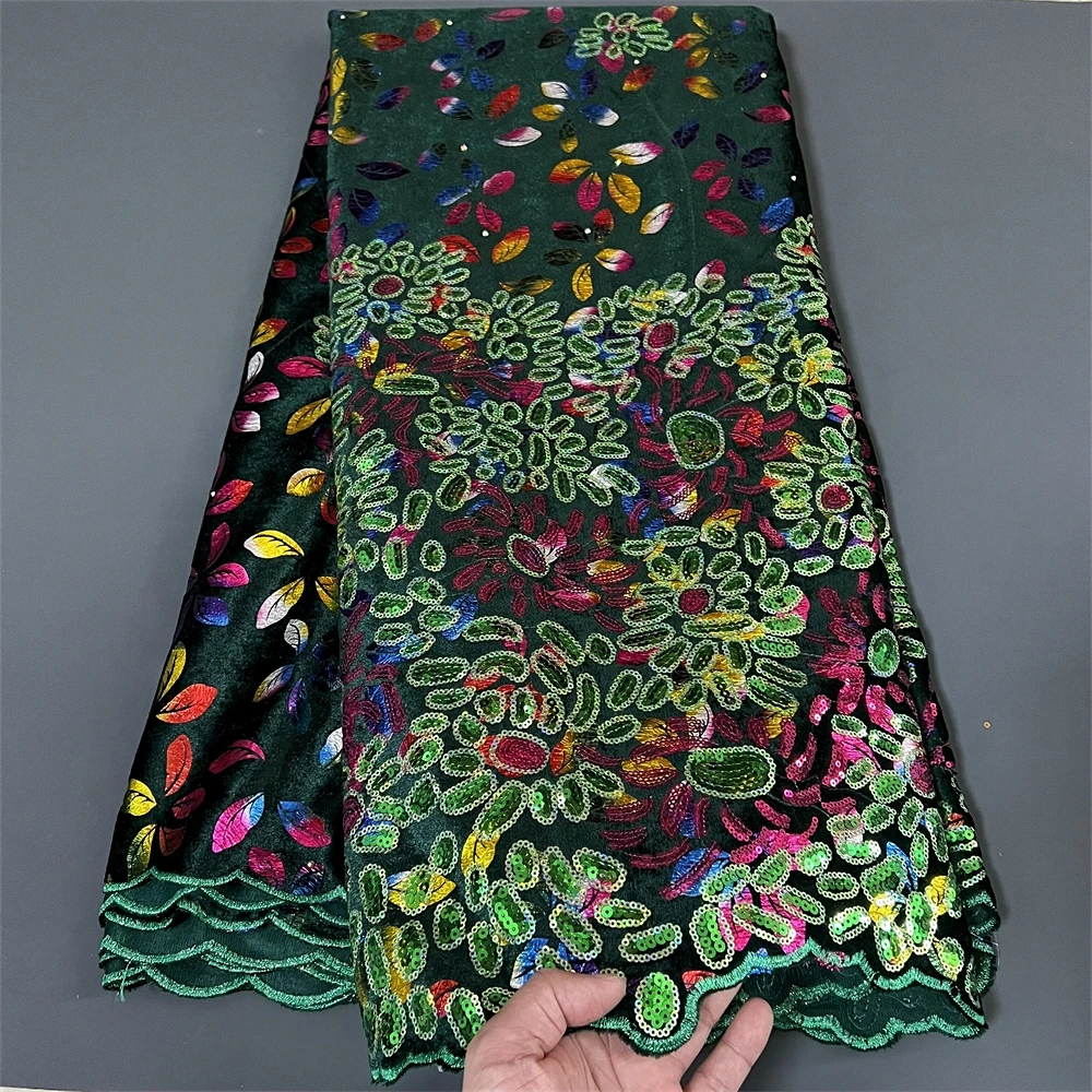 African Nigerian velvet lace fabric, Sequins BeadsGuipure，For Sewing Wedding Party Dress，High Quality，5yards，2024