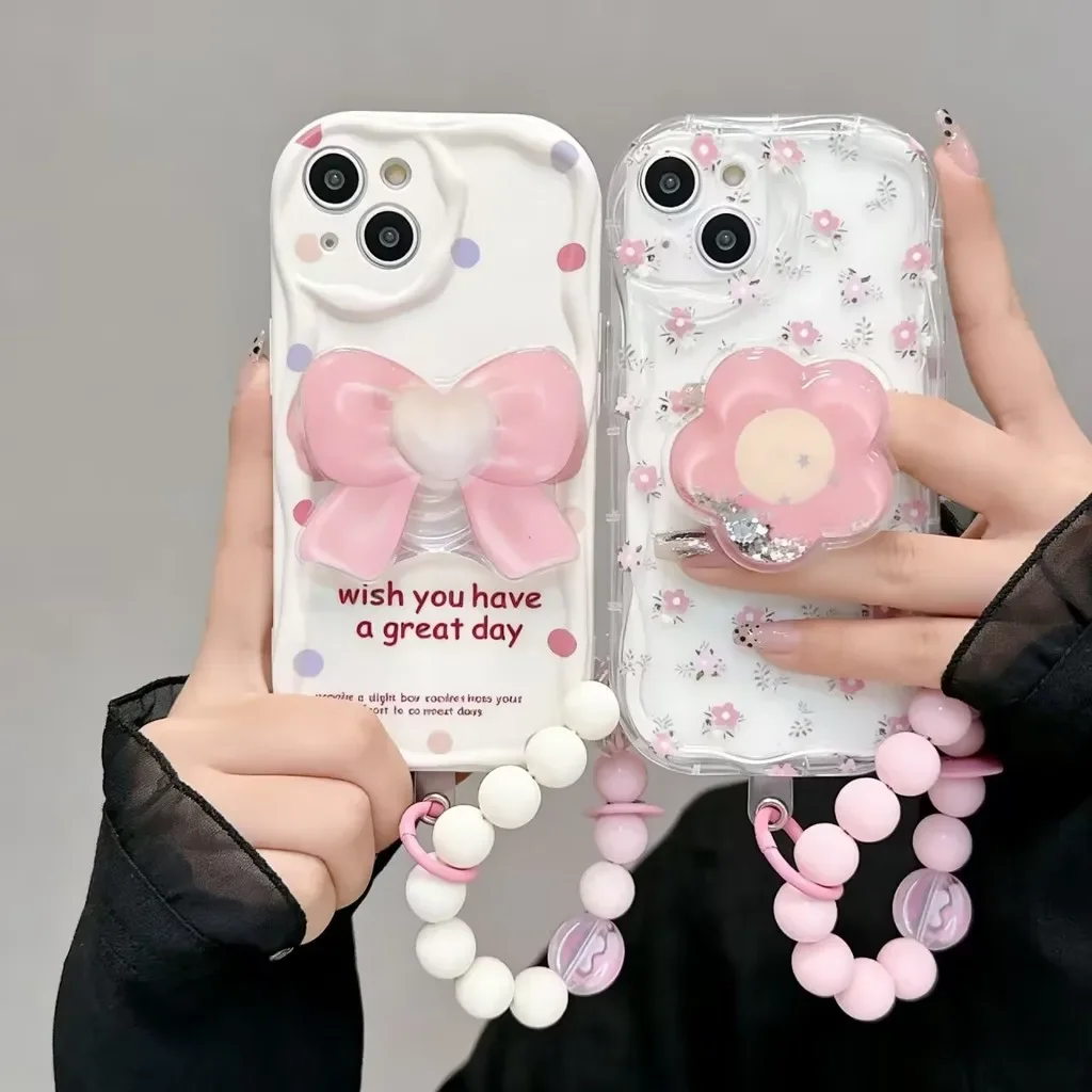 2D Wave Flower Holder Pearl Chain Case For Samsung Galaxy S26 Ultra S25 S24 S23 Plus FE A27 A57 A17 A37 A07 A56 5G Soft Casing