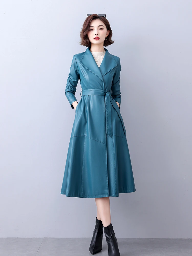 

Haining Genuine Sheepskin Leather Coat Women's Slim Fit High End Autumn Winter Elegant Waist Cinched Long Outerwear