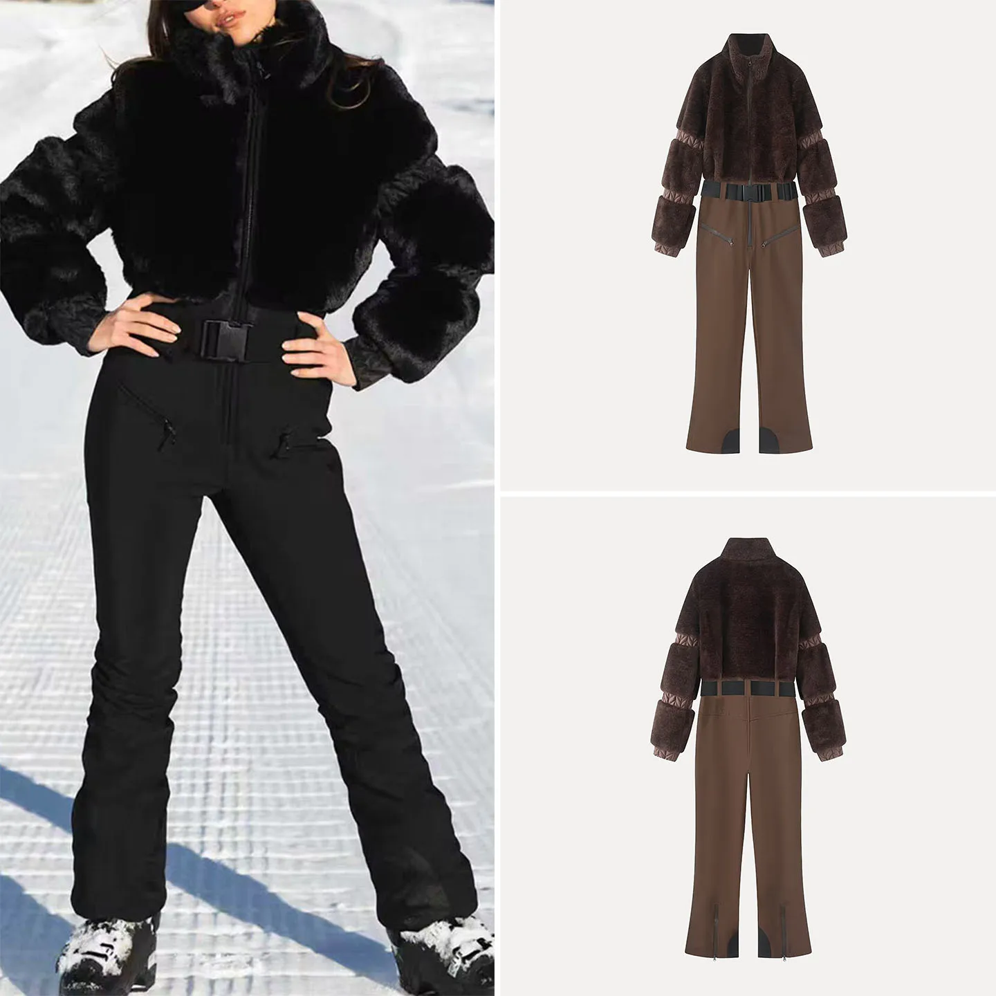 Women's Fashion Thickened Long Sleeve High Collar Zipper Overall Snowsuit Autumn New Arrival ZADATA Commute Style High Waist