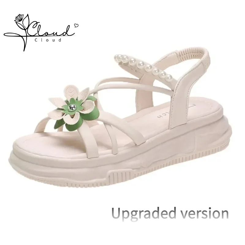 

Women Pearl Sandals Summer Heels Suit Female Beige Low Girls Clogs Clear Beach Exquisite Concise Chic Atmosphere Outdoor Shoes