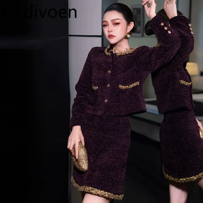 Gedivoen Autumn Winter Women's Suit Long Sleeved Single-Breasted Tops+ Slim Short skirt Beading Cotton wool blend Two piece set