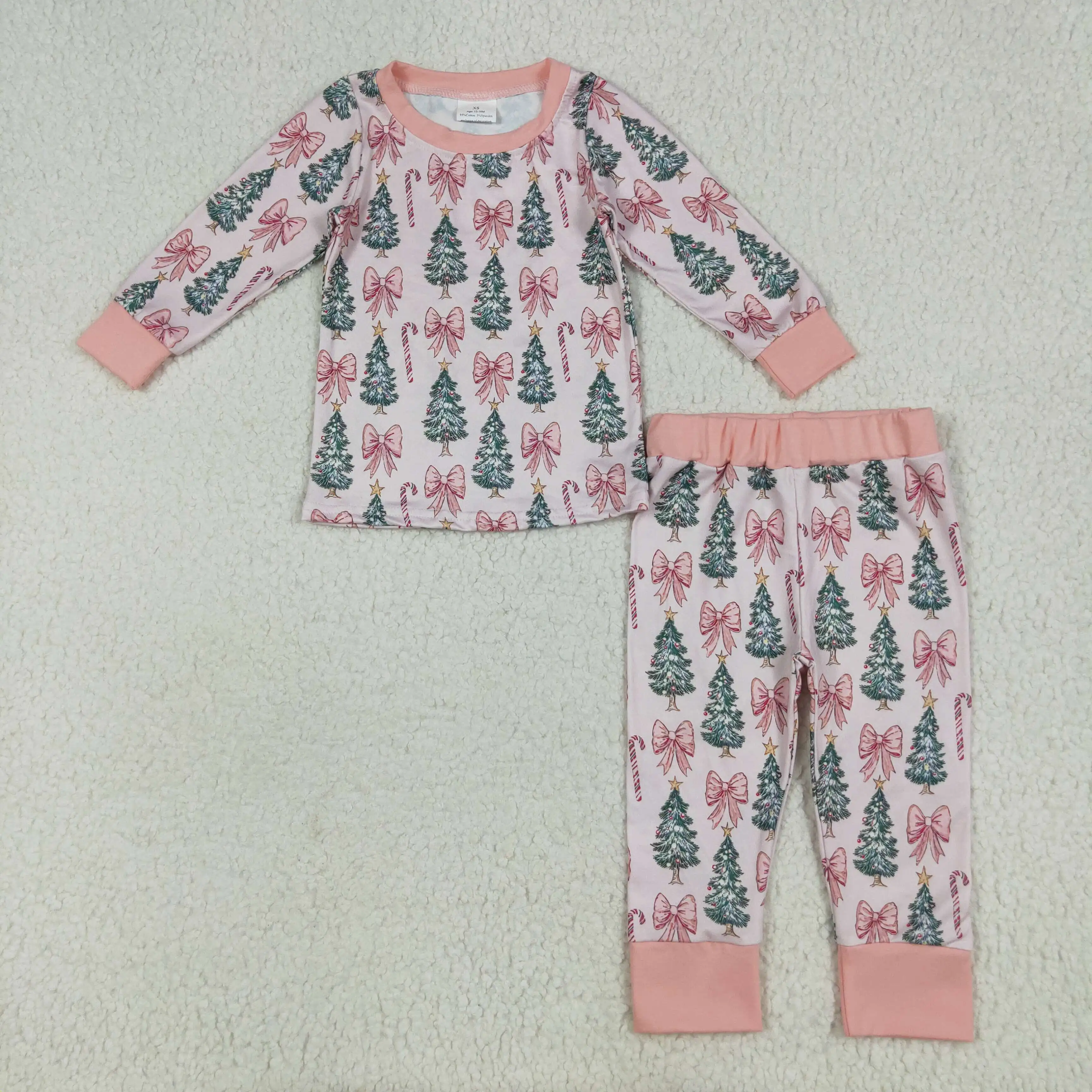 

New rts girls autumn clothing wholesale boutique candy cane bow pattern Christmas tree pink long sleeve long pants pajama set