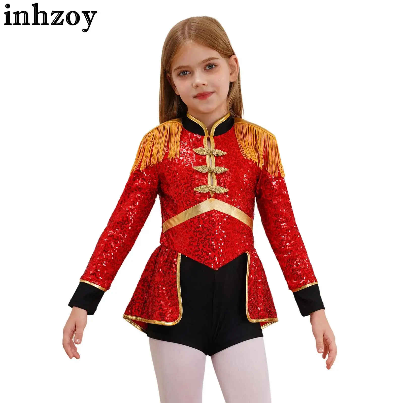 Kids Girls Circus Ringmaster Costume Sequins Long Sleeve Tassel Leotard Halloween Fancy Cosplay Drum Band Majorette Dress Up