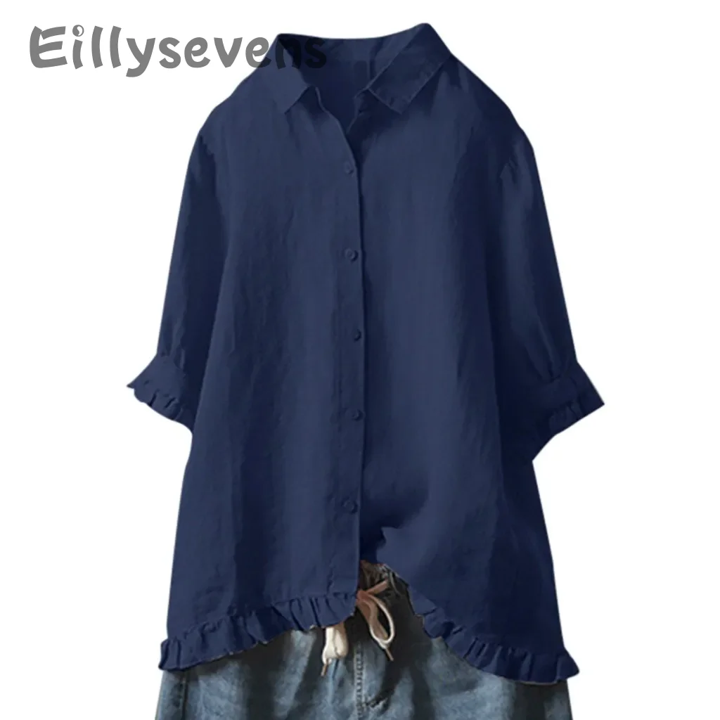 Women\'s Cotton And Linen shirt Solid Color lapel Button Up Shirt Upper Hem Short Sleeve Loose and casual Top Autumn Streetwear