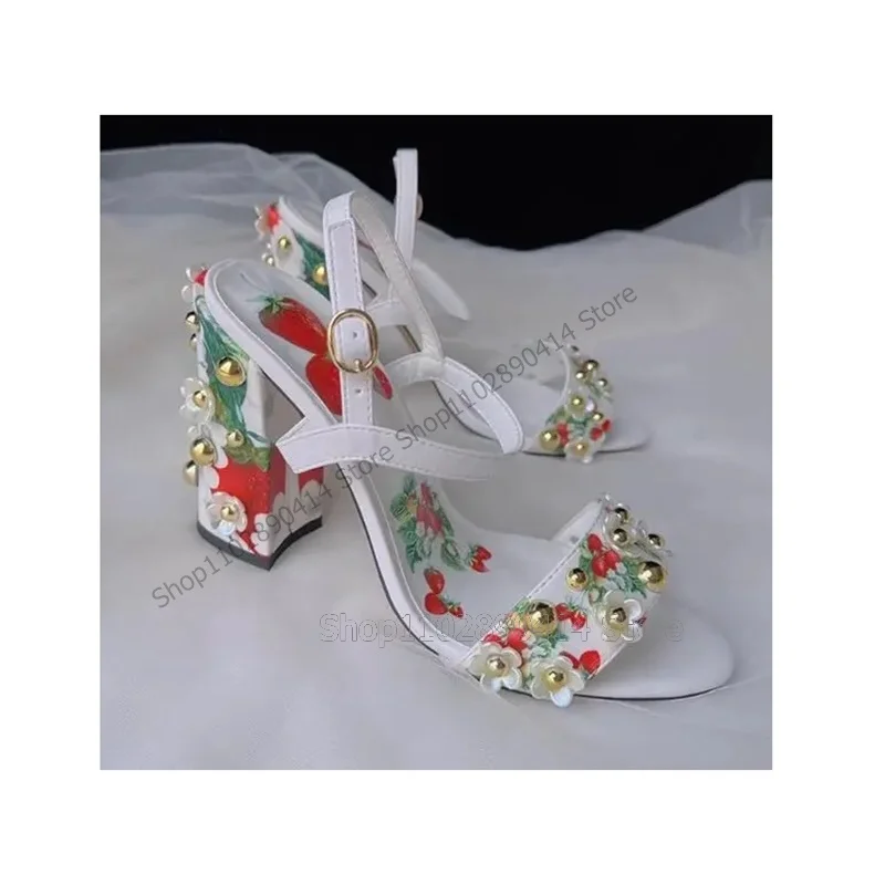 Floral Print Appliques Rivets Decor Open Toe Sandals Ankle Buckle Strap Women Shoes Chunky High Heels 2023 Zapatos Para Mujere