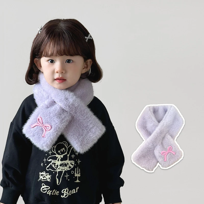 Cute Bow Plush Baby Scarf Winter Warm Thicken Faux Fur Neckerchief for Toddler Korean Bowknot Embroidered Kids Cross Scarves