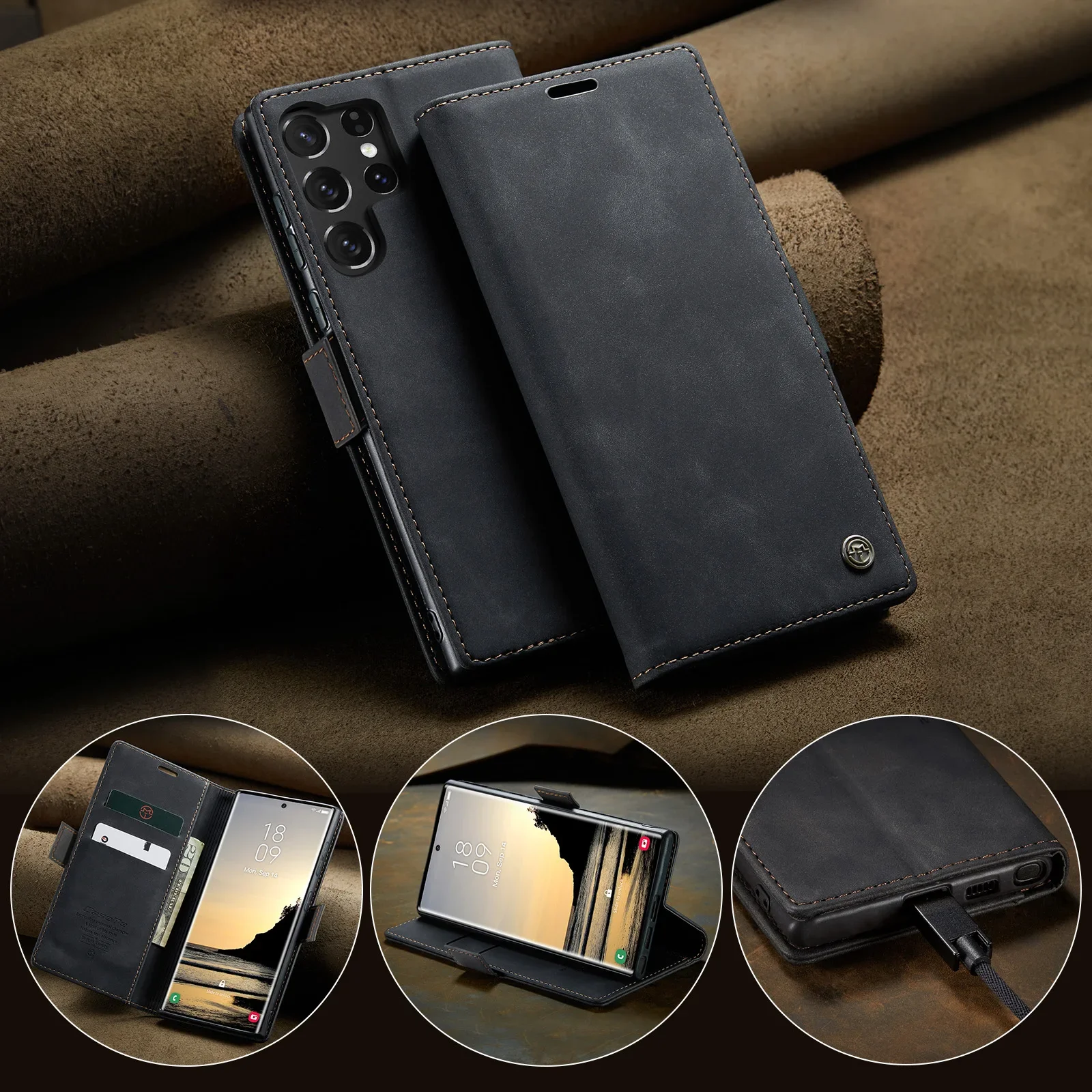 

Case for Samsung S25 S24 S23 Ultra Plus FE A55 A35 5G Leather Kickstand Card Holder Pocket Stand Flip Magnetic Flip Full Cover