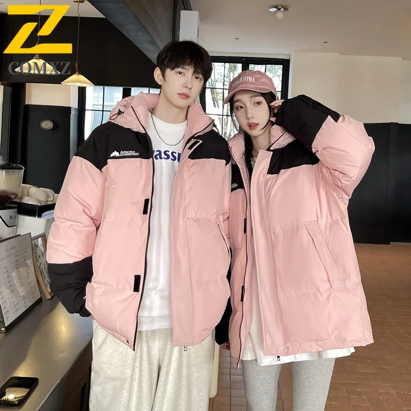 COMXZ Men Bread Jacket Block Color Hong Kong Fashion Brand Loose Thick Warm Travel Padded Jacket Snowy Minimalist Winter Jacket