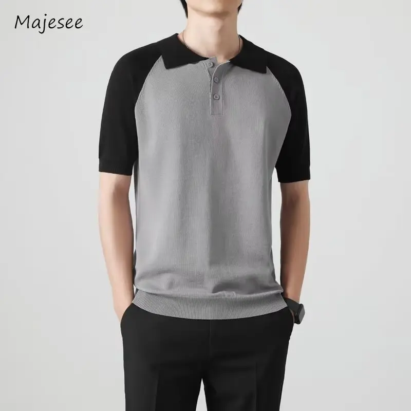 

Sweaters Men Single Breasted Panelled Smart Casual Stretchy Daily Summer Turn-down Collar Fashion Leisure Slouchy Normcore M-3XL