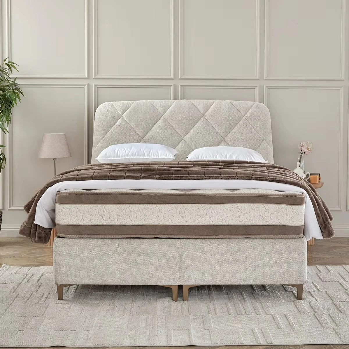 ah-Premium Velvet Upholstered Wood Frame Adjustable Bed Diamond Quilted Headboard Design Comfortable Pocket Spring Mattress%