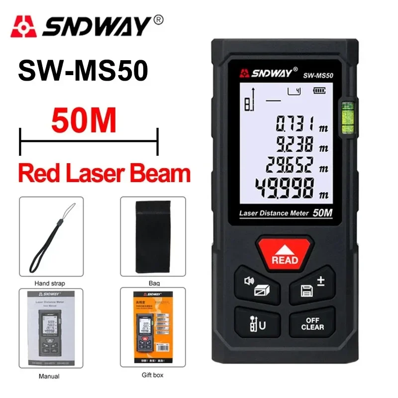 SNDWAY Lazer Mesafe Ölçer Dijital Profesyonel Mesafe Bulucu Lazer Metre Mini Uzaklık Ölçer Lazer Trena Ölçme Aracı SW-MS50