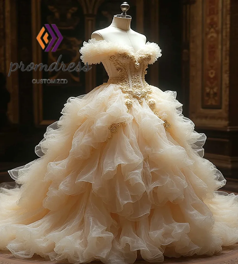 

Romantic Champagne Victorian Wedding Dress 2025 Off Shoulder Ruffles Organza Bridal Dress Lace Bustle Celtic Bride Customized