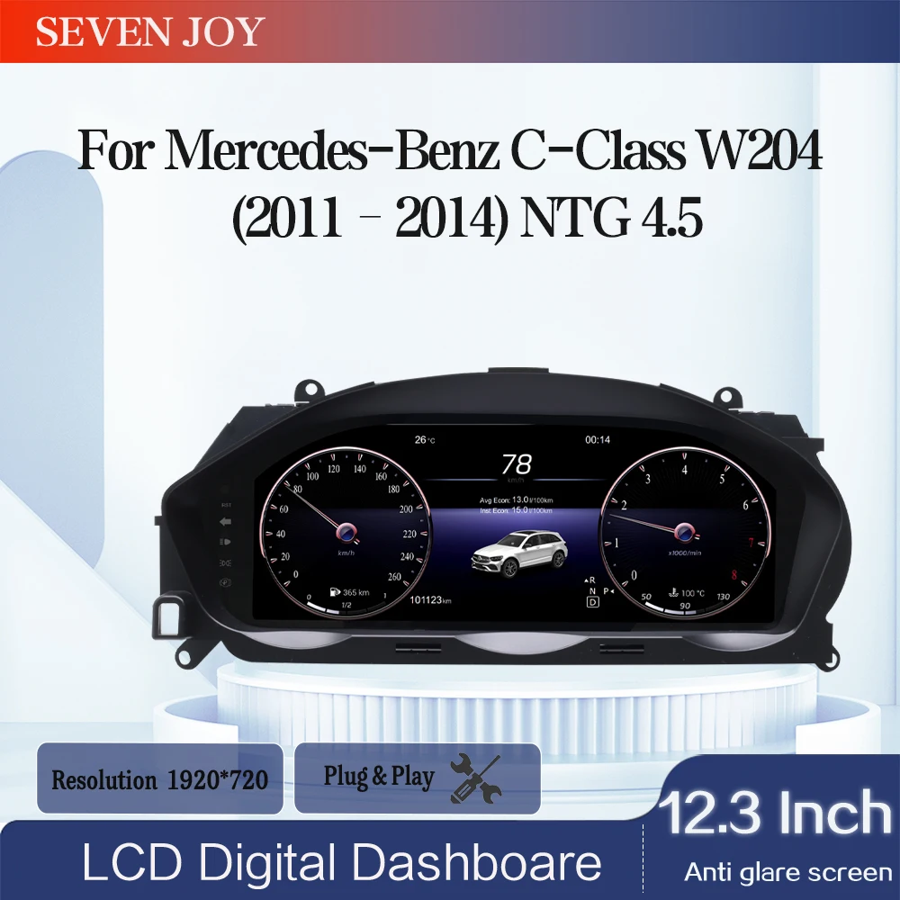 12.3”HD screen Digital Instrument Cluster for Mercedes-Benz C-Class W204 (2011–2014) NTG 4.5 Speedometer  Plug and Play