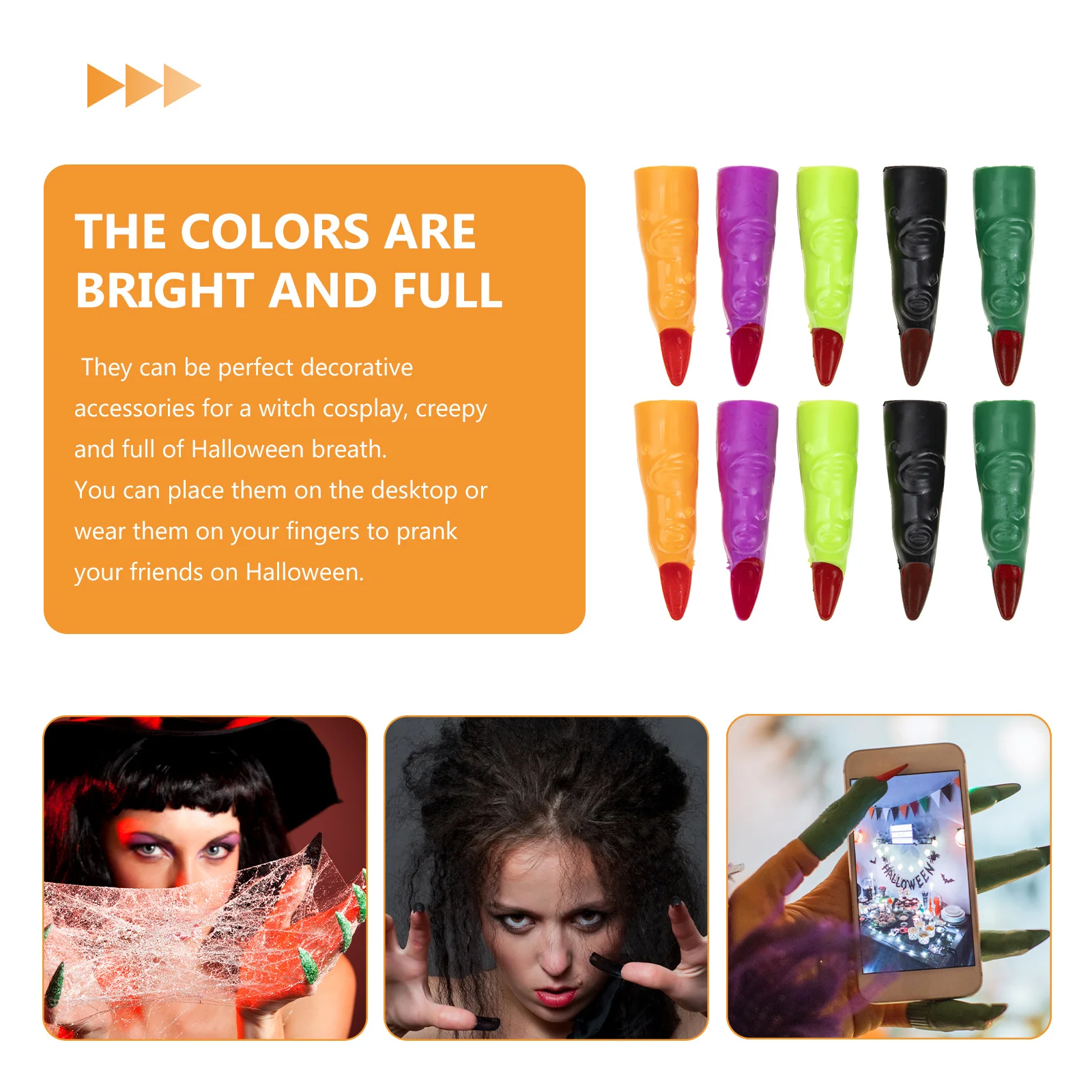 

40pcs Fake Nails Halloween Bright Colors Reusable Prank Toys Witch Costume Spooky DIY Accessories Scary Fingernails Trick Props