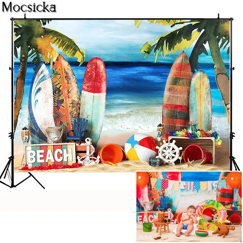 الصيف الاستوائية تصفح الخلفيات الرمال الشاطئ لوح التزلج خلفية هاواي حفلة عيد ميلاد ديكور الدعائم كعكة الطفل سحق استوديو الصور