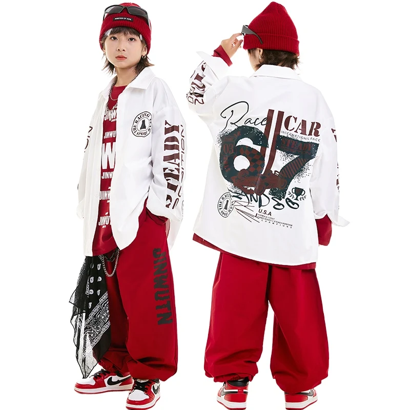 Children's Hip-Hop Costume Street Dance Clothing Autumn Winter White Long Sleeved Loose Suit Boys' Performance Outfits DN19144