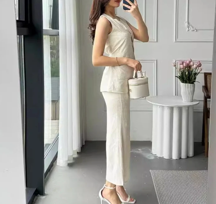 Elegant 2-Piece Sets for Women Summer Casual Solid Color Sleeveless Slim Fit Vest Temperament Commuting Women's Long Skirt Sets