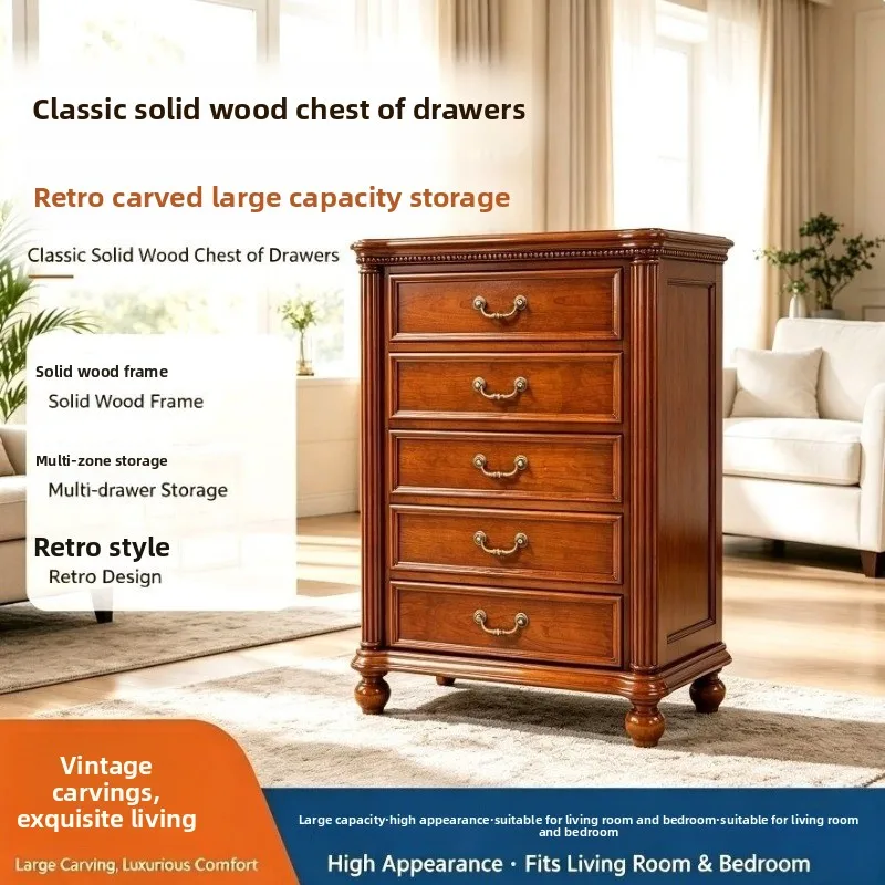 American-style solid wood five-drawer cabinet, vintage carved drawer cabinet, bedroom storage, living room wall-side