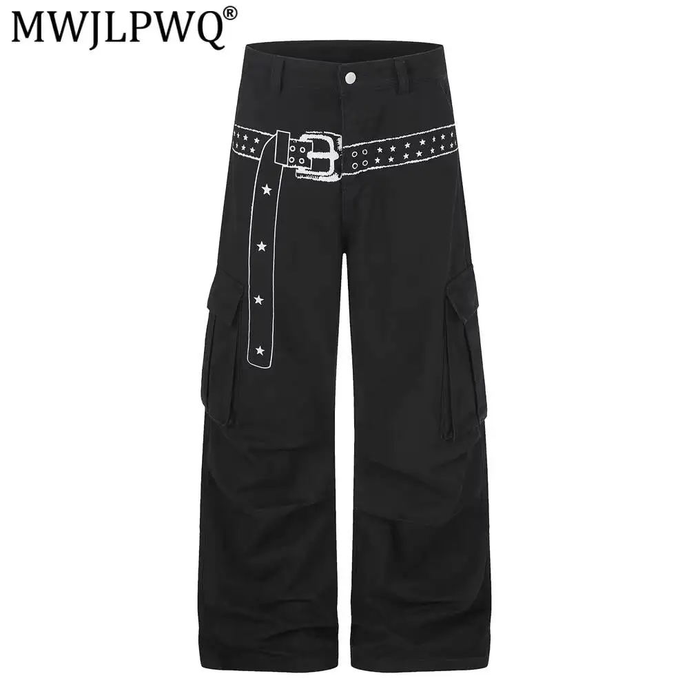 MWJLPWQ Distressed Workwear Straight-Leg Pants For Men Street Retro Punk Unique Print Design Multi-Pocket Pleated Trousers 17395