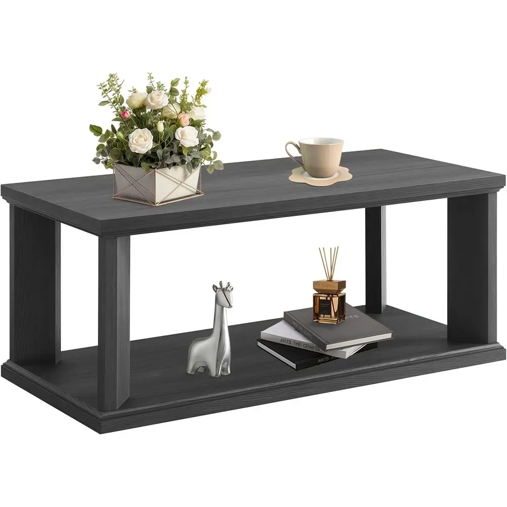 2-Tier Wooden Storage Coffee Table, Modern Living Room Furniture, Grey Finish