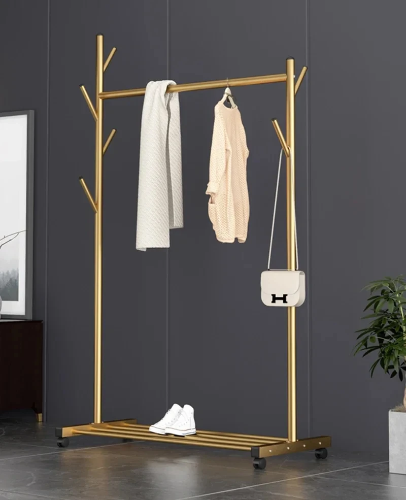 Single Pole Standing Coat Rack with Wheels Metal Hanger Bedroom Furniture Durable Floor Clothes Rack Hangers Golden Black