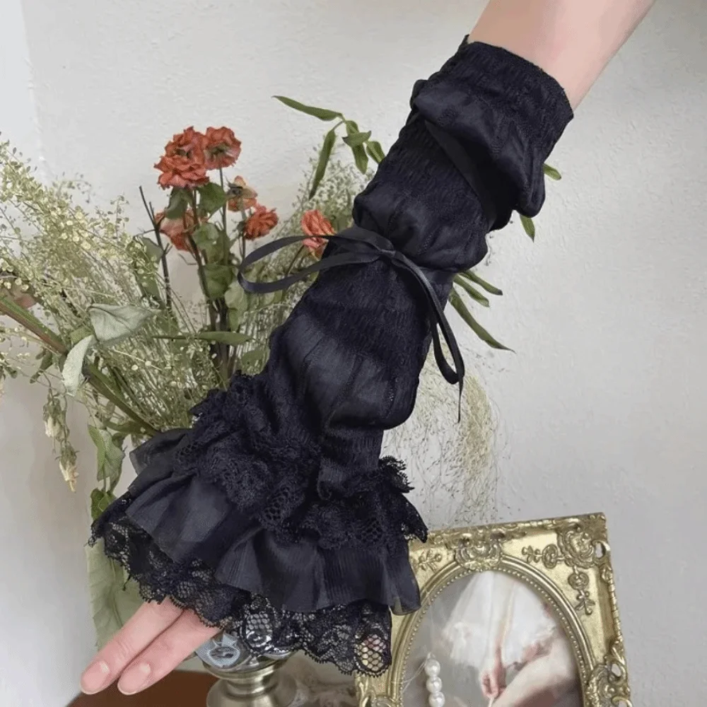 Acrylic Fiber Bowknot Arm Cuffs Bow Decorated Breathable Lolita Arm Warmers Thin Fabric Girls Arm Sleeves Lolita Outfit