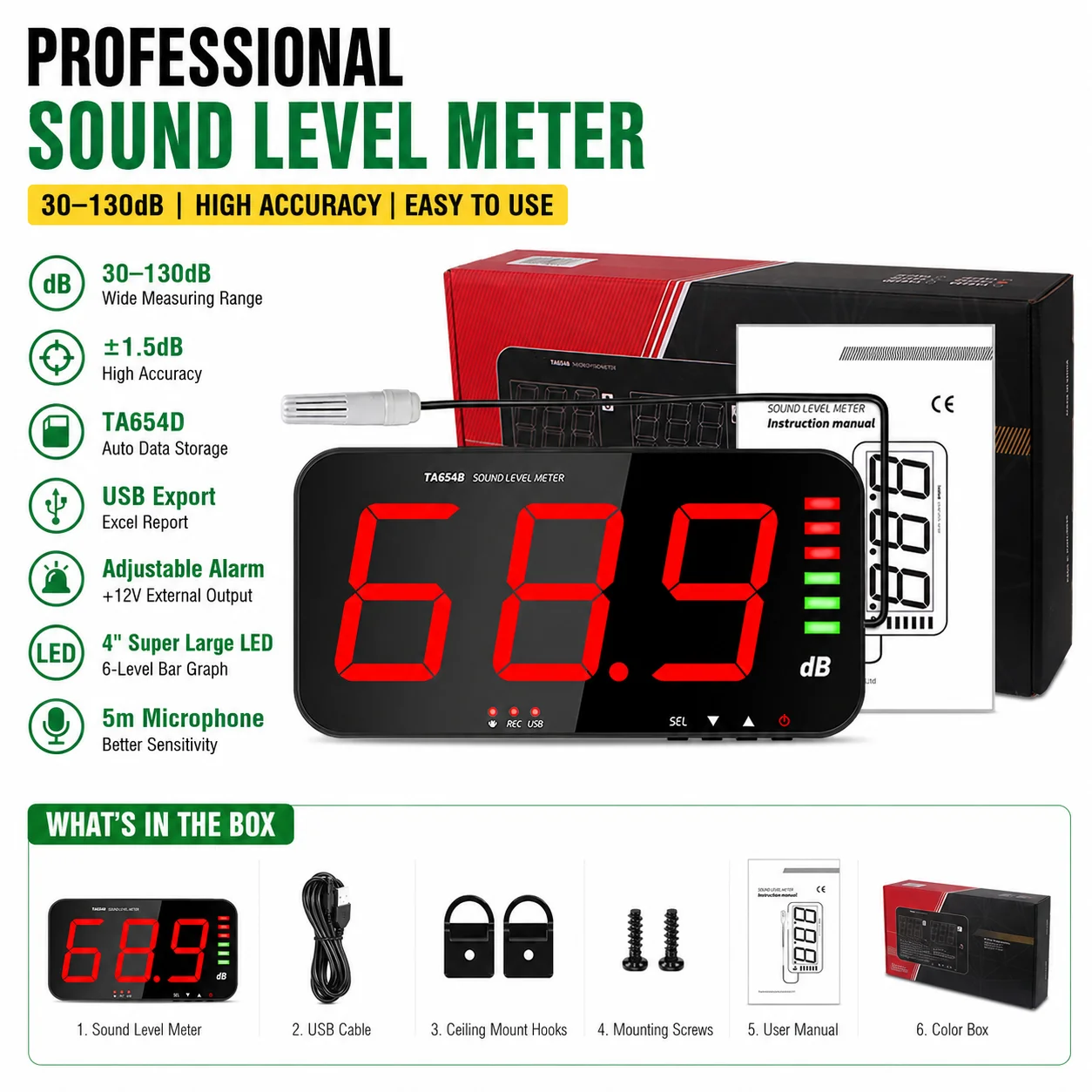 Sound Level Meter Wall Mount 30-130dB LED Display Noise Monitor USB Data Logger for Classroom Factory Office Bar
