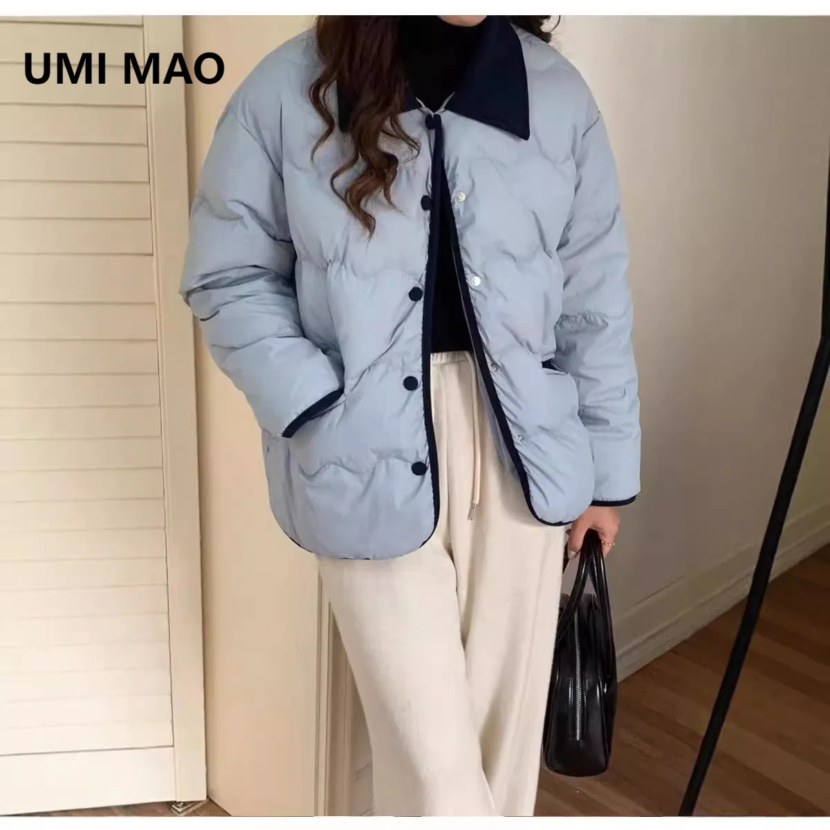 

UMI MAO Cotton Jacket Women's Short Design Striped Velvet Contrasting Color Lapel Loose Bread Jacket New Winter College Style