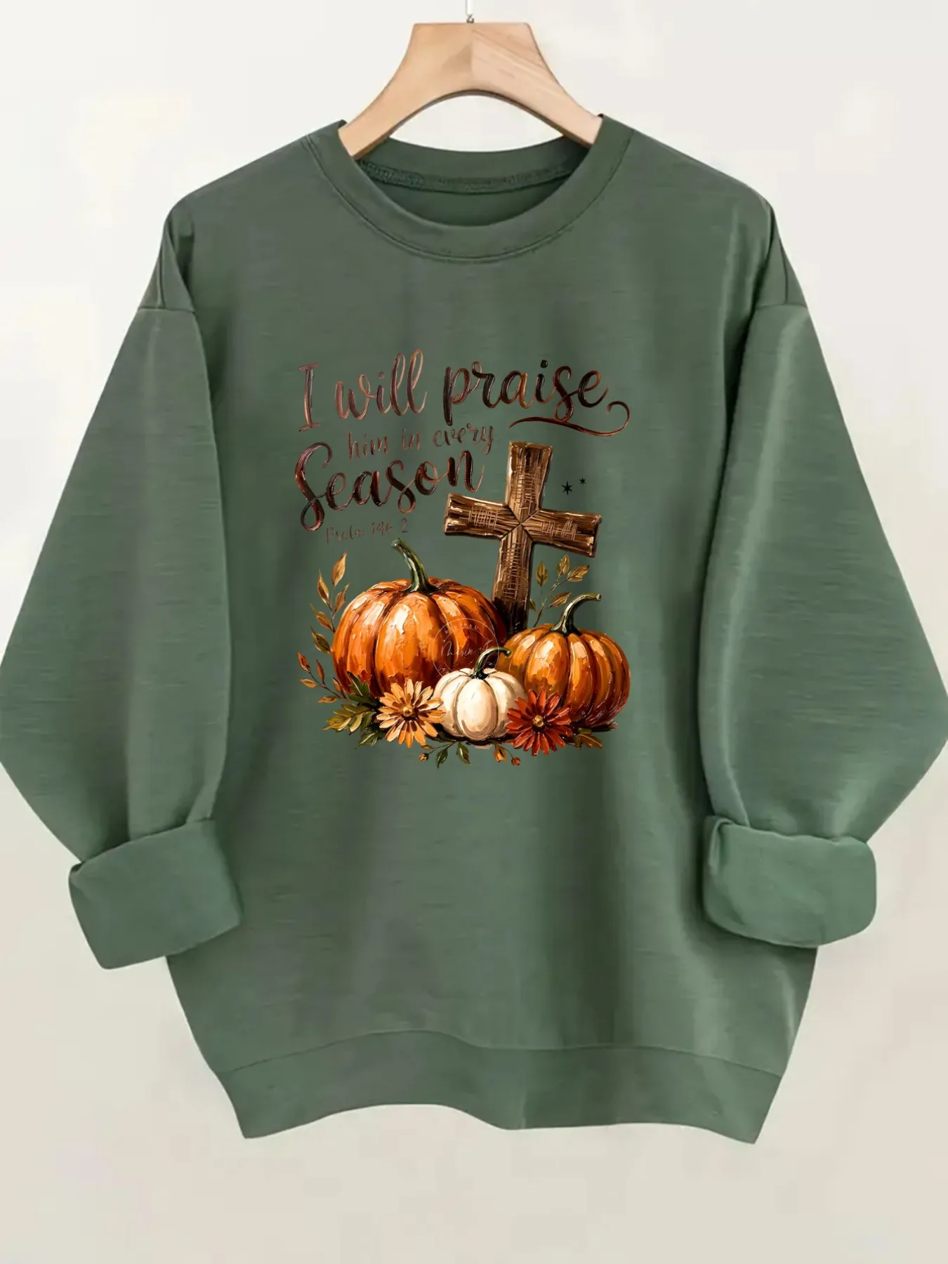 Women's Crew Neck Pullover Sweatshirt Praise Every Season Design, Soft Casual Long Sleeve, Daily Casual Top Outfit, Winter Women's Clothing, Thanksgiving Outfit