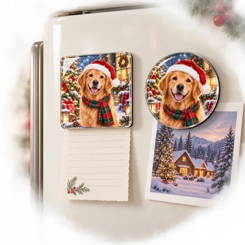 Christmas Dog Photo Refrigerator Magnet, Round or Square Pet Picture Fridge Decor