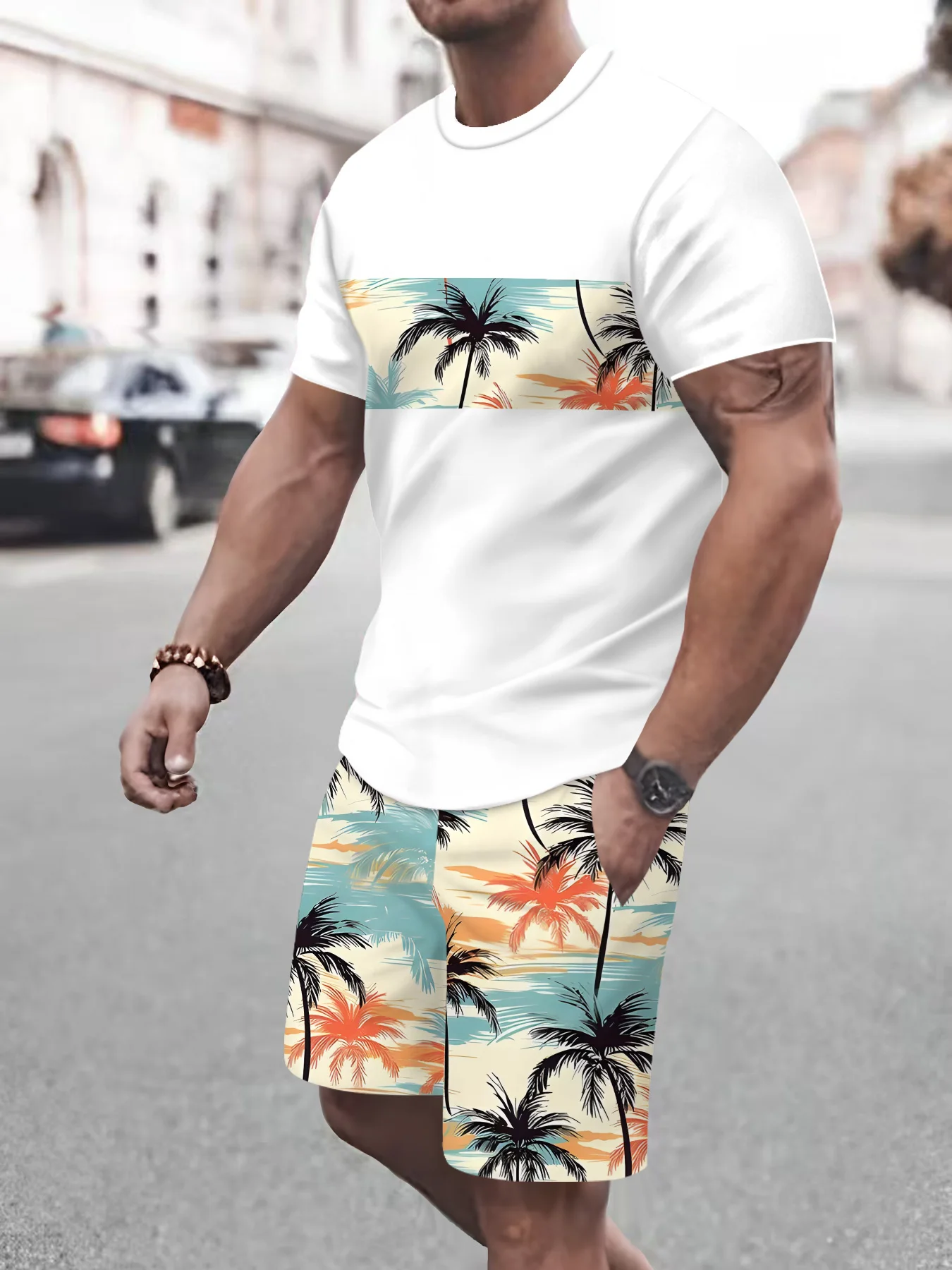 

Men's casual 3D printed sports suit summer round neck short sleeved T-shirt and shorts set
