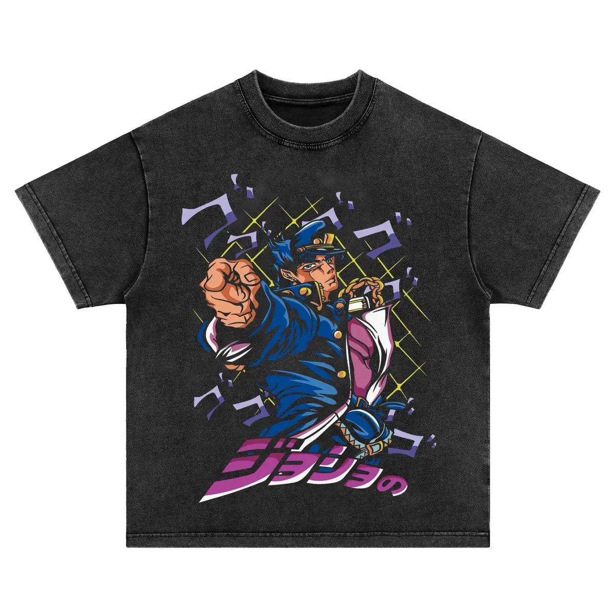 

2025 American-style Washed Distressed Anime Jojo's Bizarre Adventure Pure Cotton Round-neck Short-sleeved T-shirt for And Girls
