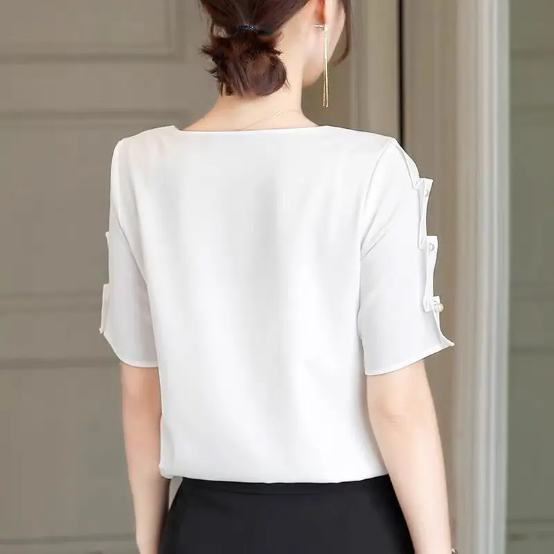 夏の女性のための半袖シフォンシャツ新しい韓国ファッション OL ミッドスリーブシャツファッショナブルなデザインプロフェッショナルトップ