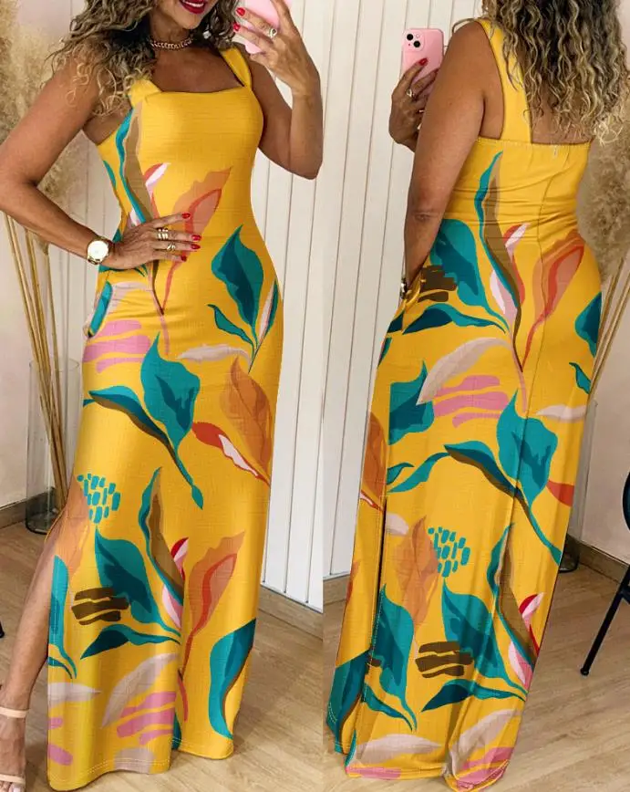 

Women's Dress 2025 Spring Summer Tropical Print Thick Strap U-Neck Slim Fit Slit Maxi Dress Vocation Long Skirt with Pockets