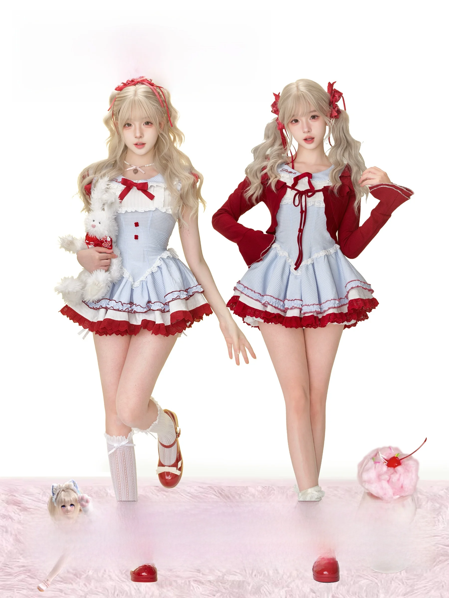 

Сине-белый комплект в клетку с белыми пузырьковыми рукавами для молодых женщин (весна-лето-осень)