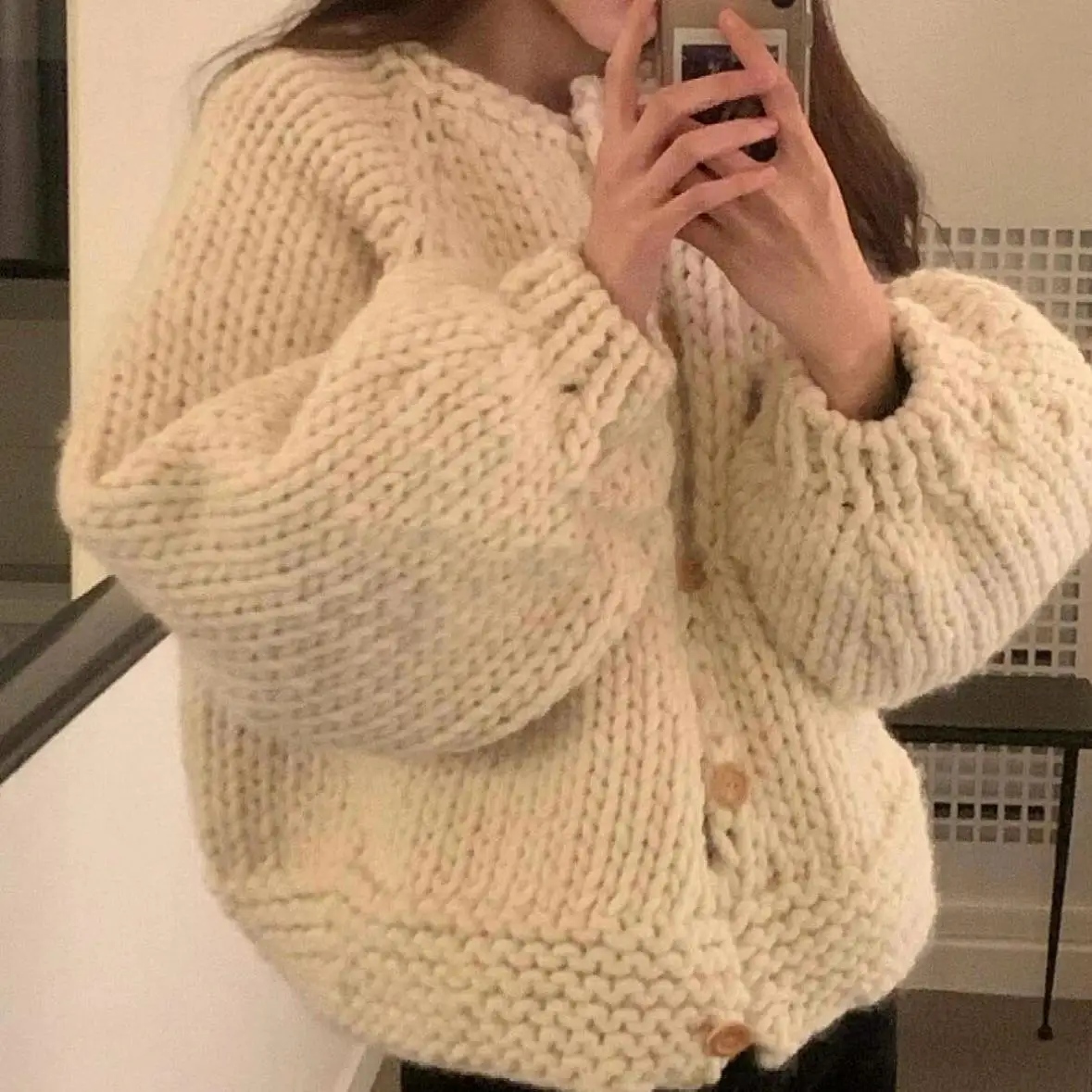 

Handmade Woolen Knitted Sweater Coat Vintage Sle round Ne Button up ort Coat for Women Warmth Comfortable Straight Cut