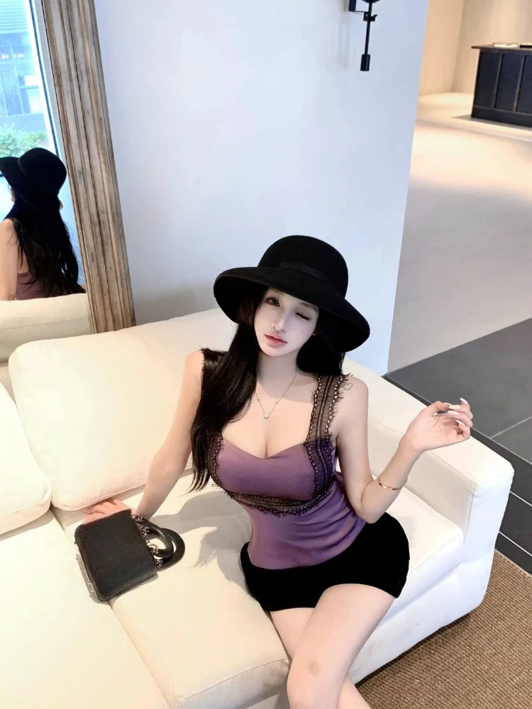 Hot Women's One-Shoulder Tube Top with Padded Bra Sexy Lace Accent Sleeveless Solid Color Strappy Camisole Design